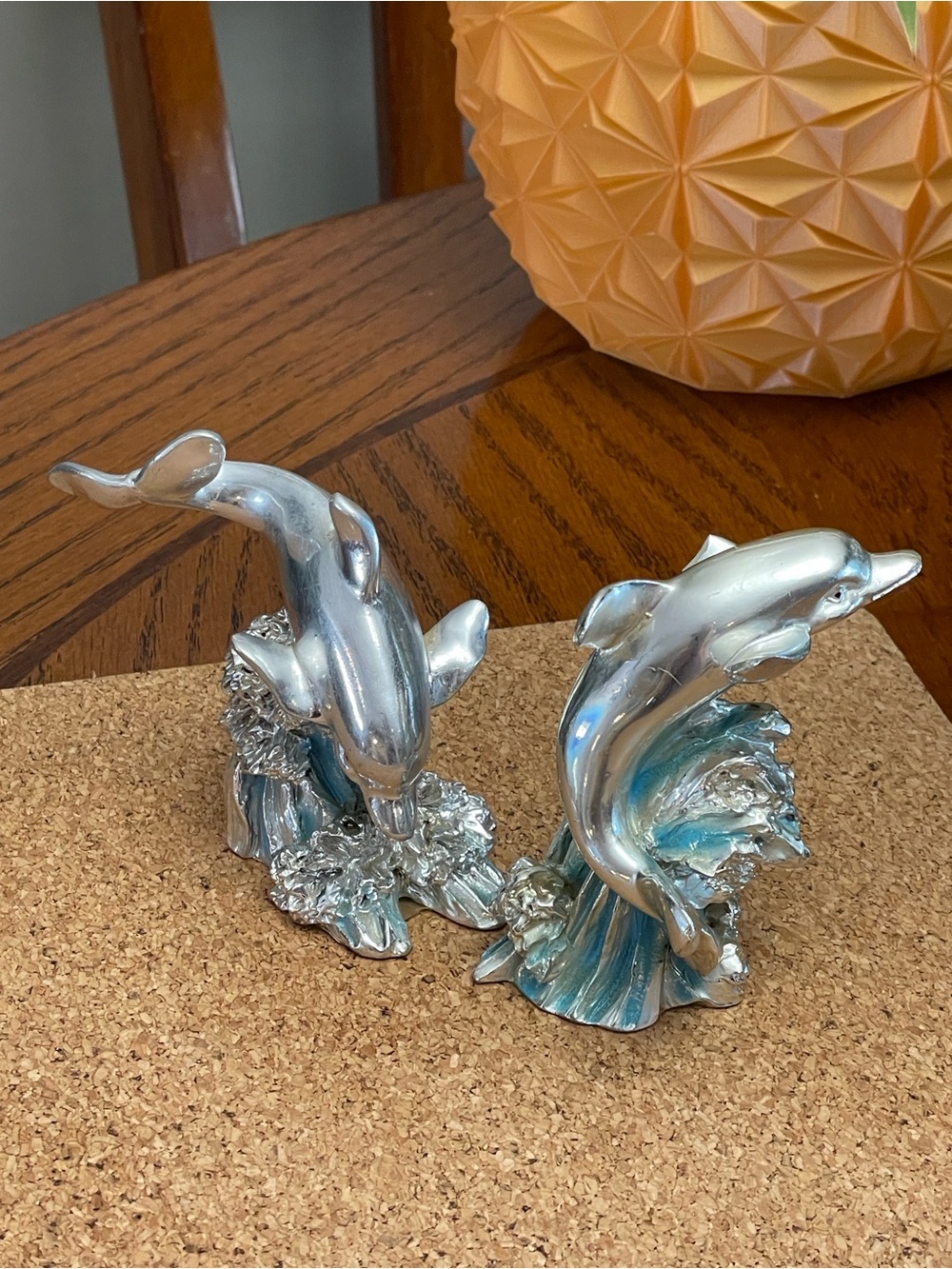 Vintage 1990s Pair Statue Silver Electroplated Resin Dolphin Figurine GiftShop